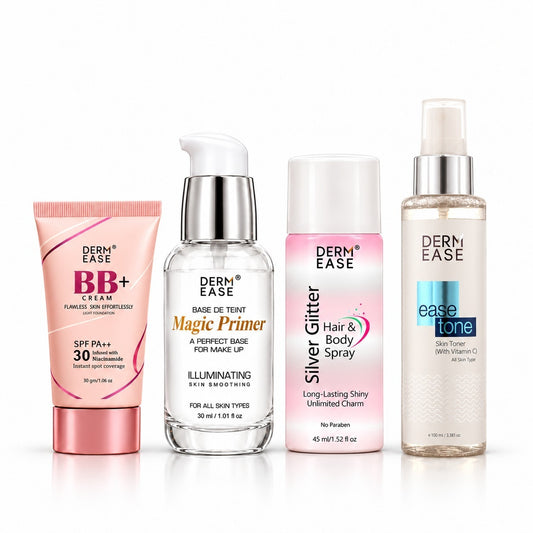 BB CREAM 30GM+ MAGIC PRIMER +EASE TONE SKIN TONER + SILVER GLITER HAIR & BODY SPRAY(45ML)
