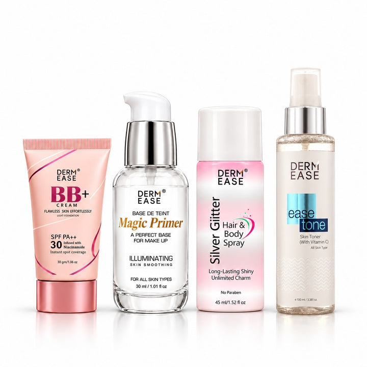 BB CREAM 30GM+ MAGIC PRIMER +EASE TONE SKIN TONER + SILVER GLITER HAIR & BODY SPRAY(45ML)
